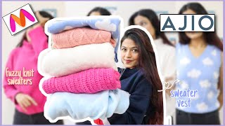 Cozy Winter Haul 2021 Fuzzy Knitted Sweaters Hoodies Sweater Vest  Ajio amp Myntra Haul [upl. by Mezoff]