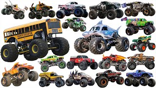 Monster Truck Collection Monster Vehicles Collection  Monster School Bus Zombie Dragon Avenger [upl. by Baten703]