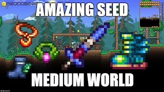 Terraria 1449 Amazing Seed Medium World  All Terraspark Boot Items And Enchanted Swords [upl. by Ttej]