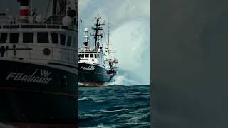 Fishing Boat in Danger as Tidal Wave Splashes Behind fishingboat sea scaryocean [upl. by Christan636]