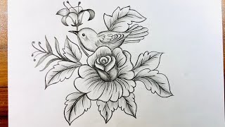 How to easy draw a bird and rose flowers with pencil sketch  how to draw birds art flowers rose [upl. by Eigroeg]