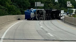 Tractortrailer hauling water bottles overturns on Interstate 81 in Dauphin County [upl. by Llemert]