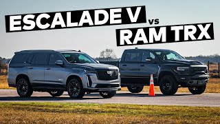 Cadillac Escalade V vs RAM TRX  Drag and Roll Race Comparison [upl. by Ahsinauq]