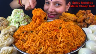 Eating Spicy🔥 STIR FRY Noodles Malai Chaap Roll Gobi Pakoda Bolied Eggs Momo  Food Eating Show [upl. by Odragde]