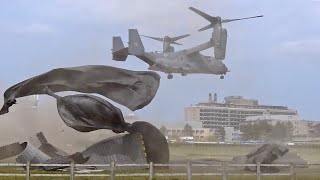 USAF BoeingBell CV22B Osprey 100053 blowing up Addenbrookes Hospital Helipad [upl. by Halverson]