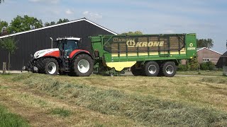 Gras oprapen met Steyr Terrus CVT 6270 En Krone ZX 470 GD opraapwagen  Loonbedrijf Zandman 2021 [upl. by Ennoryt]