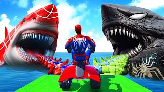 Superheroes on a motorcycle ride over the sea along the SpiderMan Bridge GTA 5 [upl. by Nomaj]