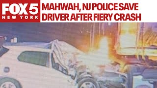 Mahwah NJ police save driver after fiery crash [upl. by Kyl]