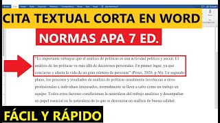 CÓMO HACER UNA CITA TEXTUAL CORTA EN WORD PASO A PASO  EJEMPLO NORMAS APA 7ma ED [upl. by Atneuqal]