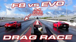 F8 vs EVO  FIRST Ferrari F8 Tributo 14 Mile vs Lamborghini Huracan EVO [upl. by Llorrad187]