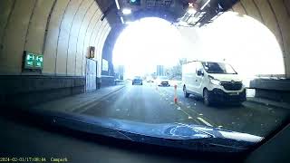 Driving west on A55 through Penmaenbach Tunnel in single lane contraflow Penmaenmawr Cymru 1224 [upl. by Lered]