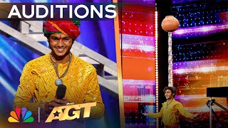 Praveen Prajapat DEFIES GRAVITY By Balancing Objects On His Head  Auditions  AGT 2024 [upl. by Athallia106]