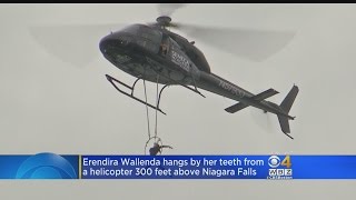 Erendira Wallenda Hangs By Teeth From Helicopter Above Niagara Falls [upl. by Betteann926]