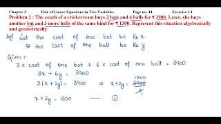 The coach of a cricket team buys 3 bats and 6 balls for ₹ 3900 Later she buys another bat [upl. by Aerdnaz910]