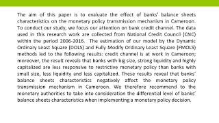 Banks Balance Sheets and Monetary Policy Transmission Mechanism of BEAC IJEFM 2020 51 1 14 [upl. by Ednalrim]