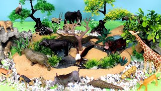 Fun African Safari Animal Figurines on Pond Scenery Set  Learn Animal Names [upl. by Sisto]