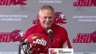 JSU Football Media Day Coach Rich Rodriguez talks 2022 season first months on the job [upl. by Toddy588]