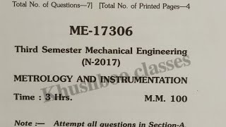 Metrology And Instrumentation 3rd sem Mechanical Engineering Question paper [upl. by Goeselt]