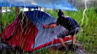 solo camping in heavy rain with thunderstorm the wrong place to pitch a tent  asmr [upl. by Alejandra]