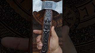 Laser Etched Viking Axe with Embossed Leather Sheath vikings axe valhalla damascussteel [upl. by Aronoff]