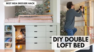 DIY Double Loft Bed with Hidden Hideout  Ikea Dresser Hack [upl. by Hilario]