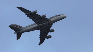 Qatar A380 banked turn and flying away into the horizon [upl. by Dell]