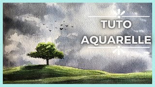 TUTO  Aquarelle CIEL NUAGEUX ET ARBRE  Tuto aquarelle débutant pas à pas [upl. by Ynattib]