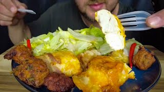 ASMR Eating BACON WRAPPED CHICKEN BREAST CHICKEN WONTONS VEGETABLE PAKORAS ICEBERG SALAD MUKBANG [upl. by Dlareme]