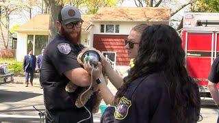 Galloway Twp EMTs give oxygen to a dog rescued from a house fire by firefighters [upl. by Cuyler]