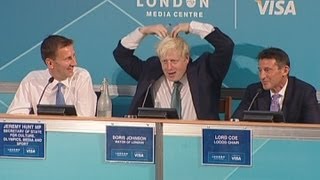 BoJoMoBot Boris Johnson does the Mobot at 2012 Olympics press conference [upl. by Ecnarual]