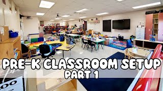 Prek classroom setup 2023  PART 1 moving into a new classroom organizing materials amp furniture [upl. by Oravla]