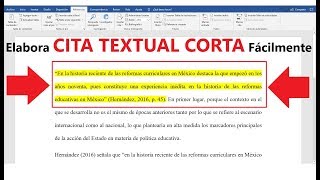 CÓMO HACER UNA CITA TEXTUAL CORTA  MUESTRO EJEMPLO  NORMAS APA [upl. by Butcher]