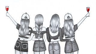 How to draw a Four Friend Pencil sketch  Step by Step drawing  Girls Friendship  Easy drawing [upl. by Ahsimrac]