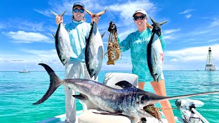 FL Keys Bay Boat Offshore FRENZY Tuna Swordfish Lobster Catch and Cook [upl. by Nosloc]