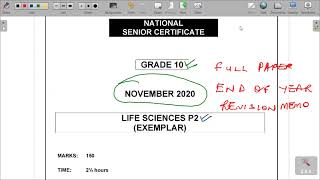 GRADE 10 LIFE SCIENCES PAPER 2 2020 END OF YEAR REVISION AND EXEMPLAR MEMO [upl. by Marlen]