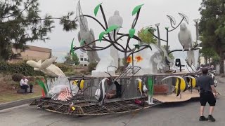 Rose Parade floats get test drive in Azusa [upl. by Sualkin]