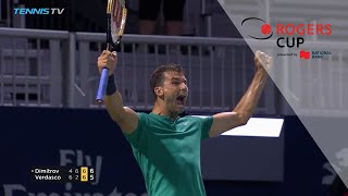 Rogers Cup Shot of the Day  Tuesday Dimitrov wins insane 35shot match point [upl. by Aekin945]