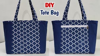 SHOPPING BAG CUTTING AND STITCHING  DIY Zippered Tote Bag Sewing Tutorial  Cloth bag making  Bags [upl. by Asiruam]