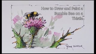 Line and Wash Watercolor Lesson Bumble bee on a Thistle Easy to follow Peter Sheeler [upl. by Feenah196]