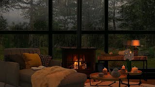 Cozy room ambience ASMR🌙 Rain on window sounds with crackling fire for sleep study relaxation [upl. by Shalom]