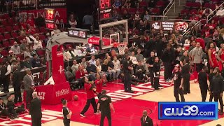 Rockets mascot Clutch makes halfcourt shot [upl. by Vanderhoek514]