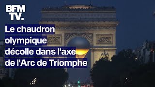 Les images de lenvol du chaudron olympique dans laxe de lArc de Triomphe [upl. by Phil490]