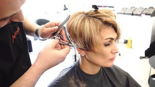 STACKED BLONDE PIXIE BOB CUT  AMAZING SHORT HAIRCUT [upl. by Elbon]