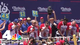 Miki Sudo and Patrick Bertoletti eat to victory in Nathans Hot Dog Eating Contest  NBC New York [upl. by Emmeram]