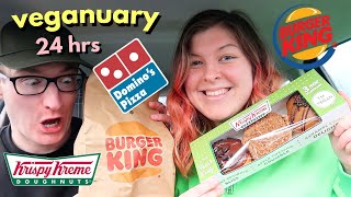 Only eating NEW VEGAN FAST FOODS for 24 hours veganuary at Burger King Krispy Kreme Dominos 2022 [upl. by Lodnar]