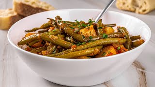 Greek green Beans and Potatoes in Tomato Sauce  Fasolakia Recipe Vegan [upl. by Adnylam]