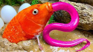 Stop Motion ASMR  Mukbang Catch Giant Catfish Colorful eggs Frogs In hole Primitive Cooking [upl. by Bred]