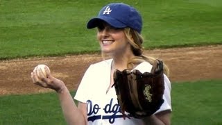 Melissa Rauch Big Bang Theory First Pitch Dodger Stadium 61213 [upl. by Ott]