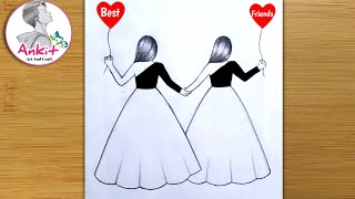 Best friend ❤pencil sketch  step by step very easyhow to draw friendship day drawing bff drawing [upl. by Cawley]