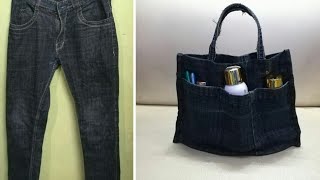 DIY HandbagPurse Organizer From Old Jeans  Anupama Jha [upl. by Enitsirk]